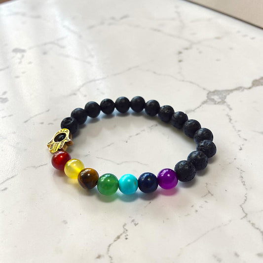 Protection & Balance Bracelet | Lava Stone Chakra Bracelet with Hamsa Charm