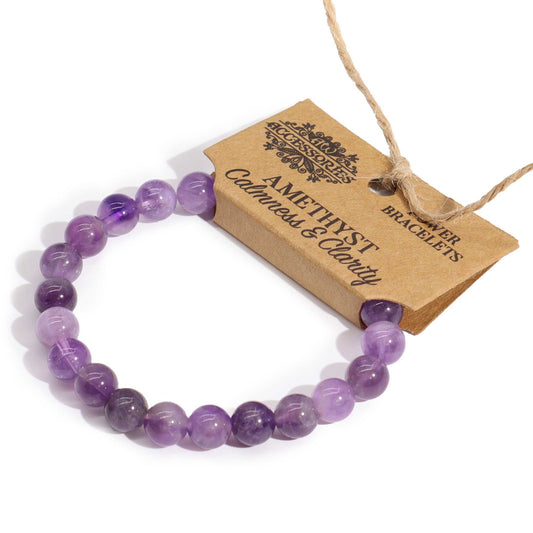Amethyst bracelet with a tag on a white background