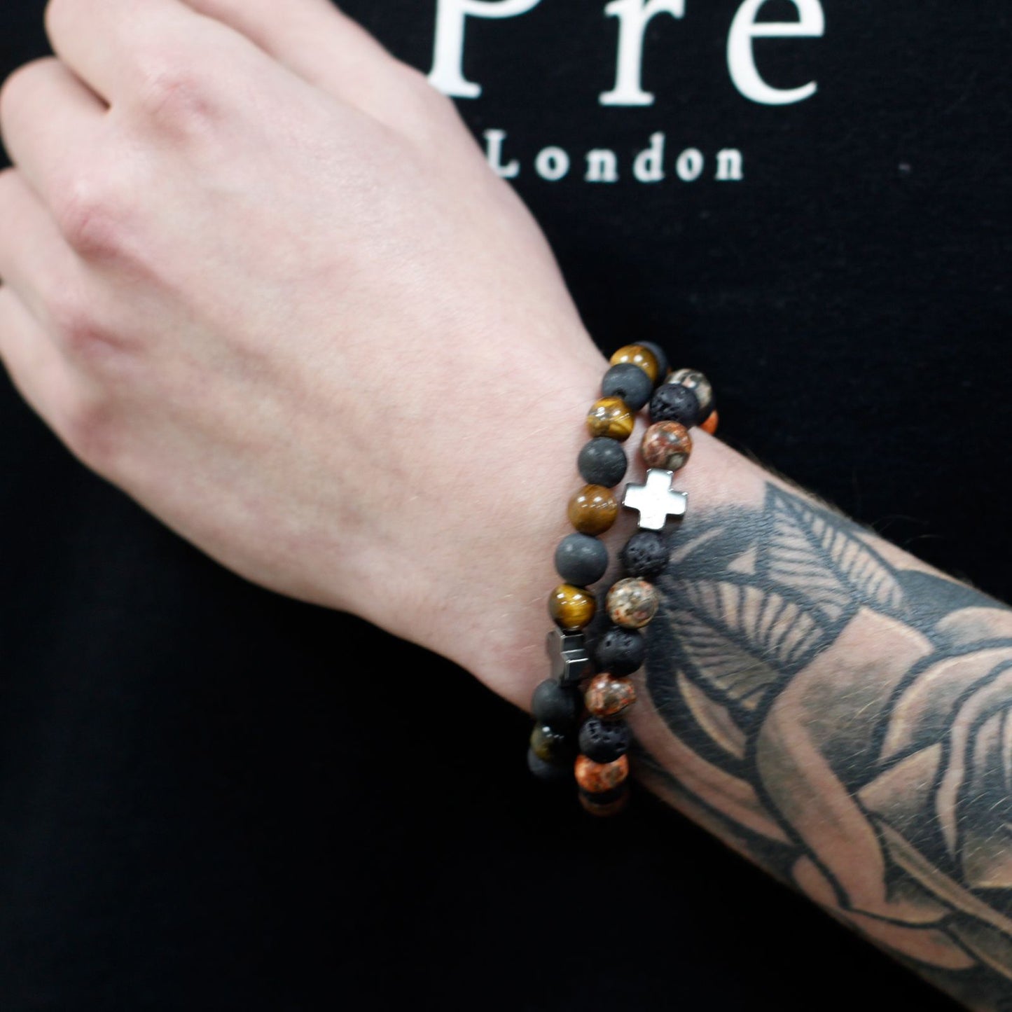 Power Gemstone Friendship Bracelet Set (2 Bracelets) – Tiger Eye & Black Stone