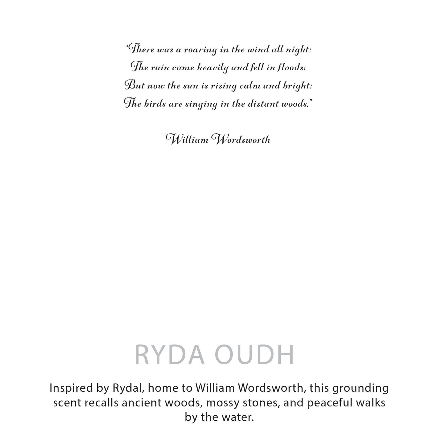 Text with a quote by William Wordsworth and branding for RYDA OUDH on a white background