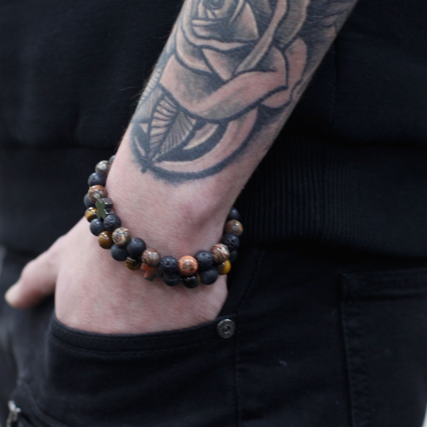 Eternity Gemstone Friendship Bracelet Set (2 Bracelets) – Leopard Skin Jasper & Lava Stone