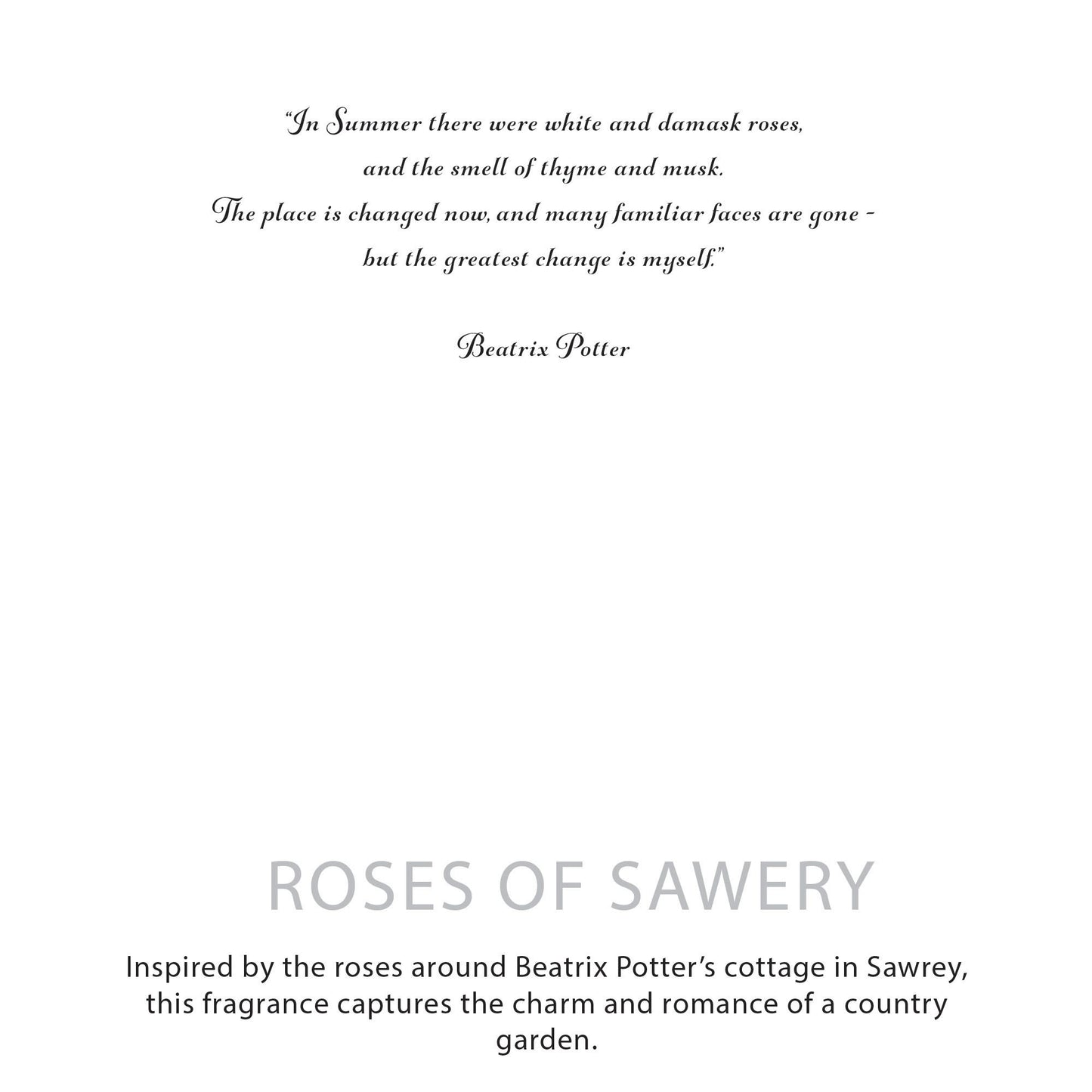 Text excerpt from Beatrix Potter with a quote and branding for 'Roses of Sawrey' on a white background.