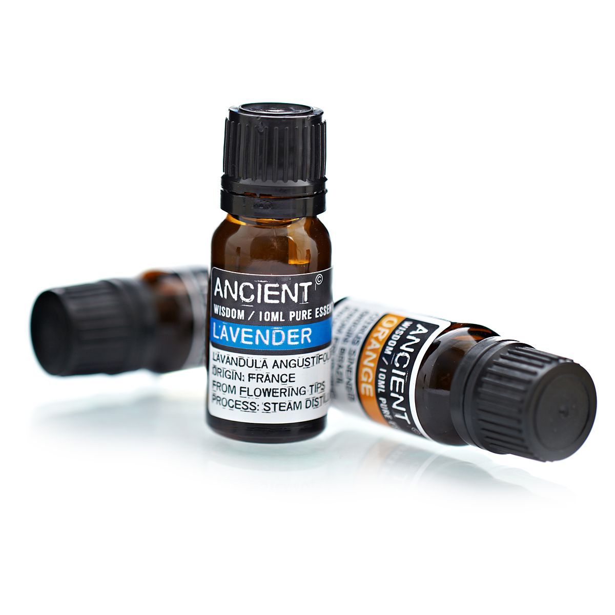 Two bottles of Ancient Wisdom lavender essential oil on a white background