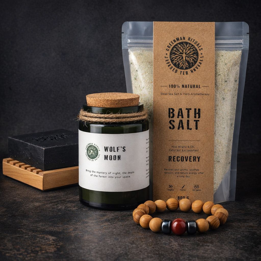 Father's Day Relaxation Gift Set – Woodwick Candle, Bath Salts, Charcoal Soap & Red Jasper Bracelet