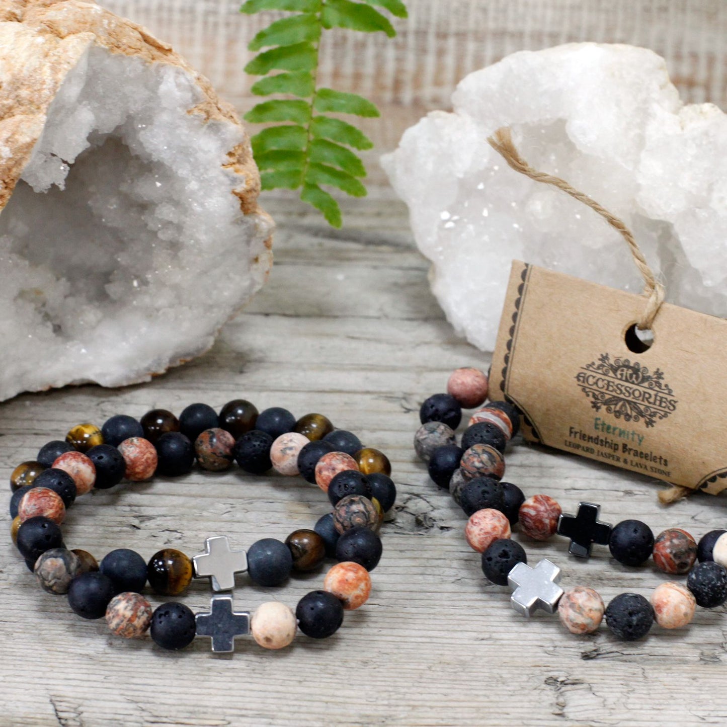 Eternity Gemstone Friendship Bracelet Set (2 Bracelets) – Leopard Skin Jasper & Lava Stone