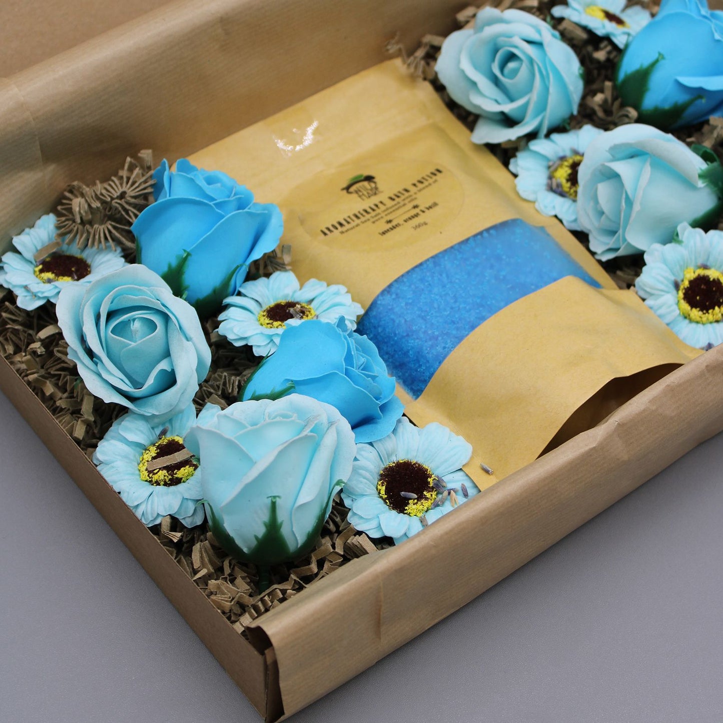 Bath Salt & Soap Flower Gift Set – Total Unwind (Lavender, Orange & Basil)