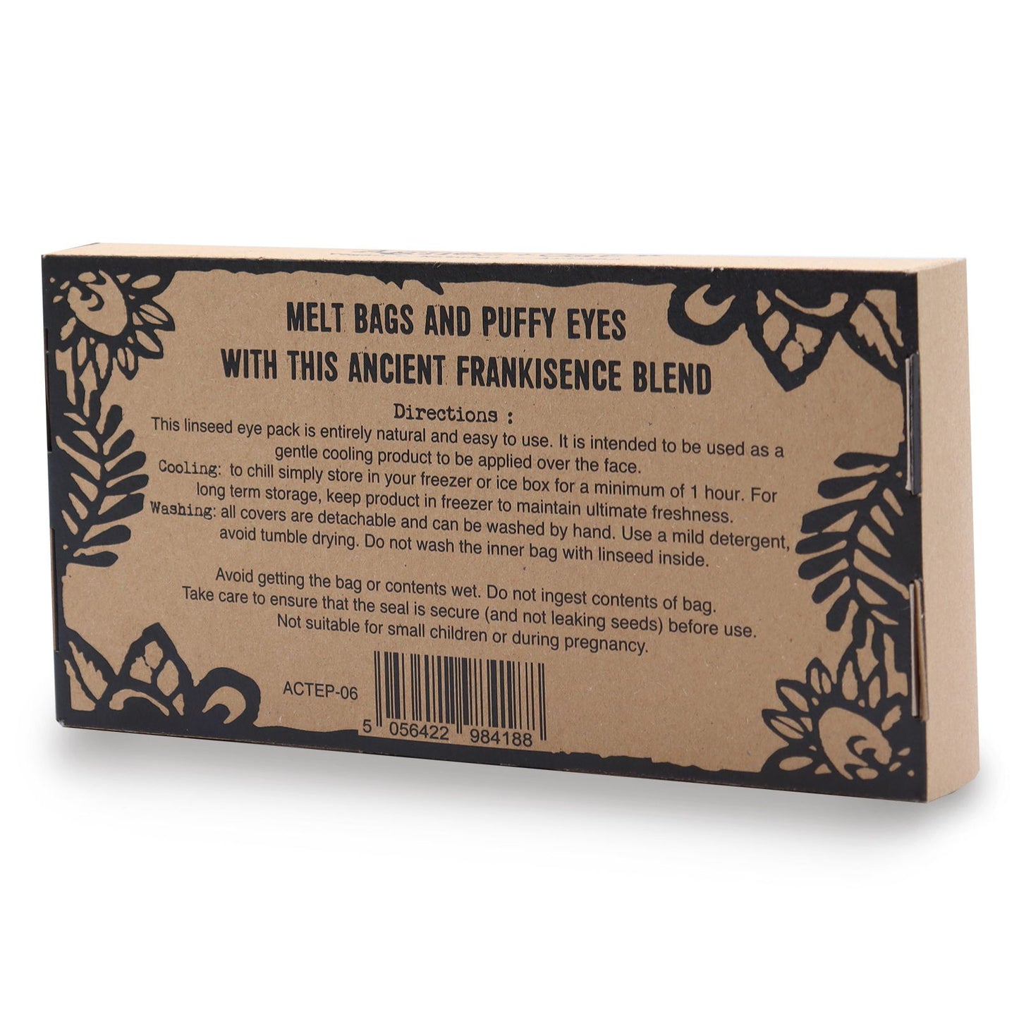 Kraft paper packaging with black text and decorative elements on a white background
