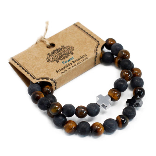 Power Gemstone Friendship Bracelet Set (2 Bracelets) – Tiger Eye & Black Stone