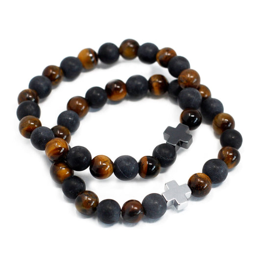 Power Gemstone Friendship Bracelet Set (2 Bracelets) – Tiger Eye & Black Stone