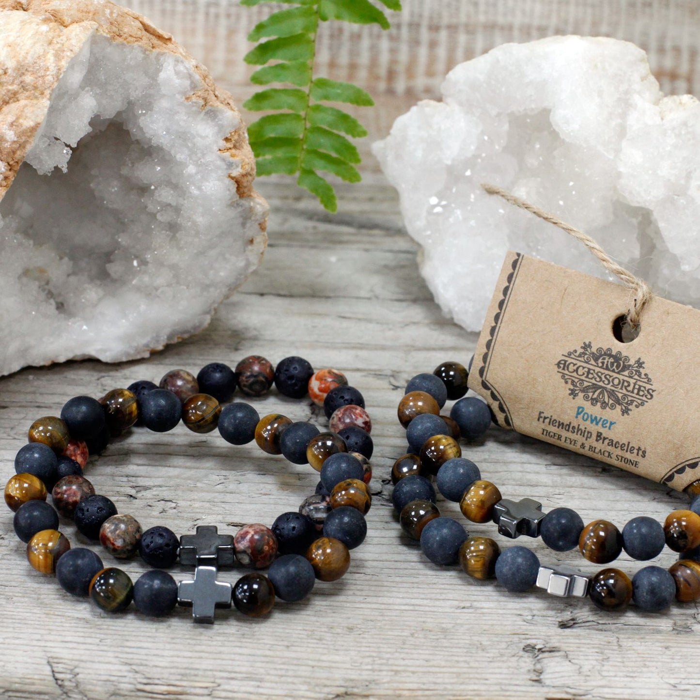 Power Gemstone Friendship Bracelet Set (2 Bracelets) – Tiger Eye & Black Stone