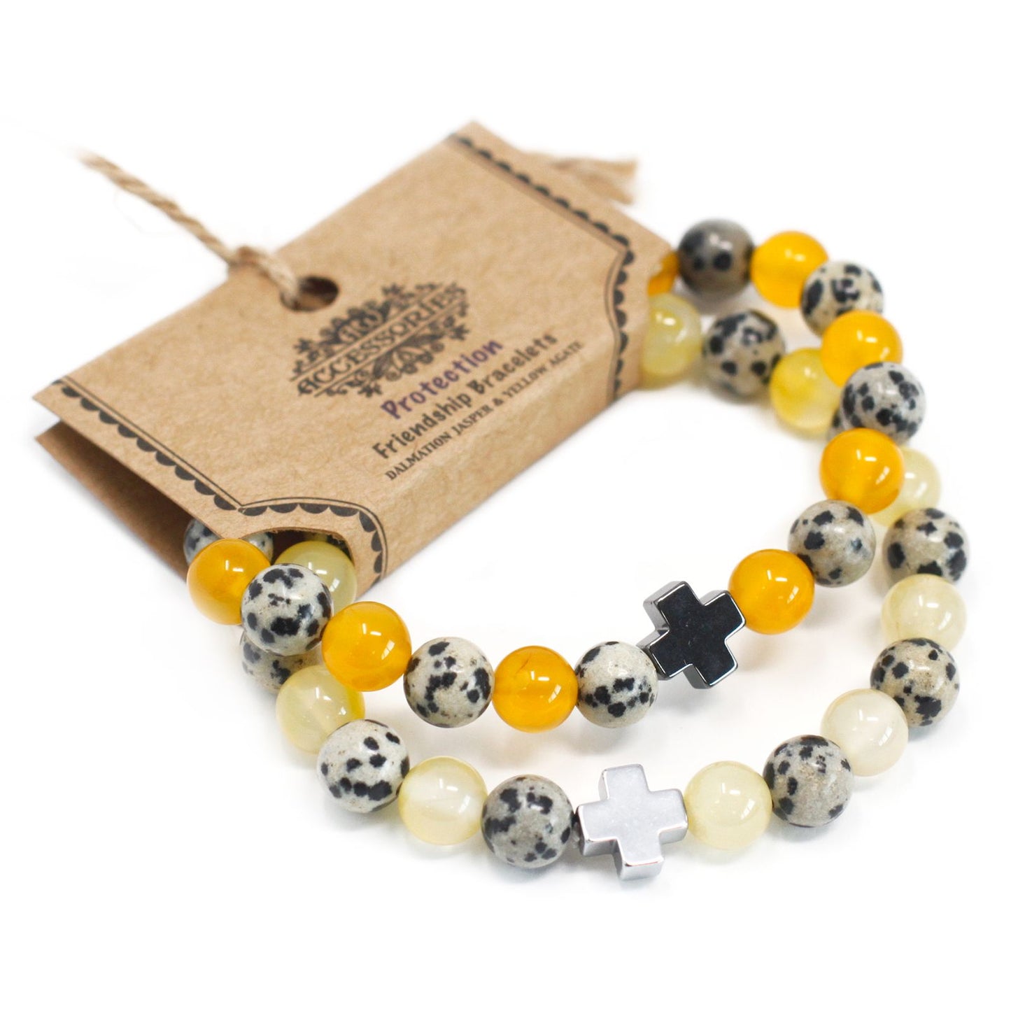 Protection Gemstone Friendship Bracelet Set (2 Bracelets) – Dalmatian Jasper & Yellow Agate