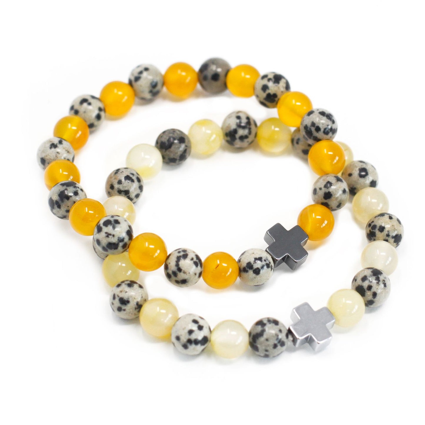 Protection Gemstone Friendship Bracelet Set (2 Bracelets) – Dalmatian Jasper & Yellow Agate