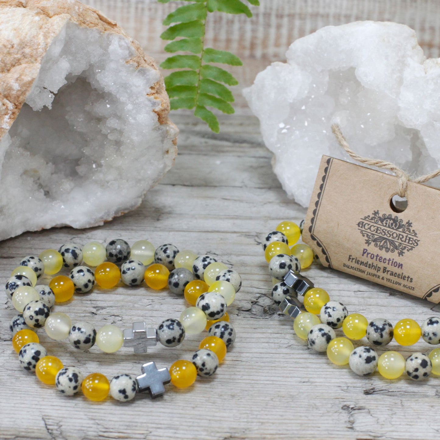 Protection Gemstone Friendship Bracelet Set (2 Bracelets) – Dalmatian Jasper & Yellow Agate