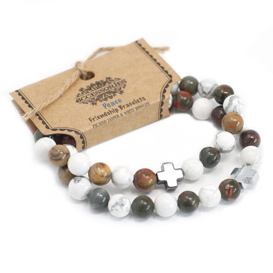 Peace Gemstone Friendship Bracelet Set (2 Bracelets) – Picasso Jasper & White Howlite