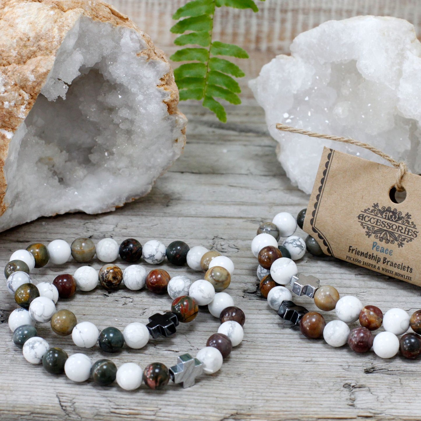 Peace Gemstone Friendship Bracelet Set (2 Bracelets) – Picasso Jasper & White Howlite