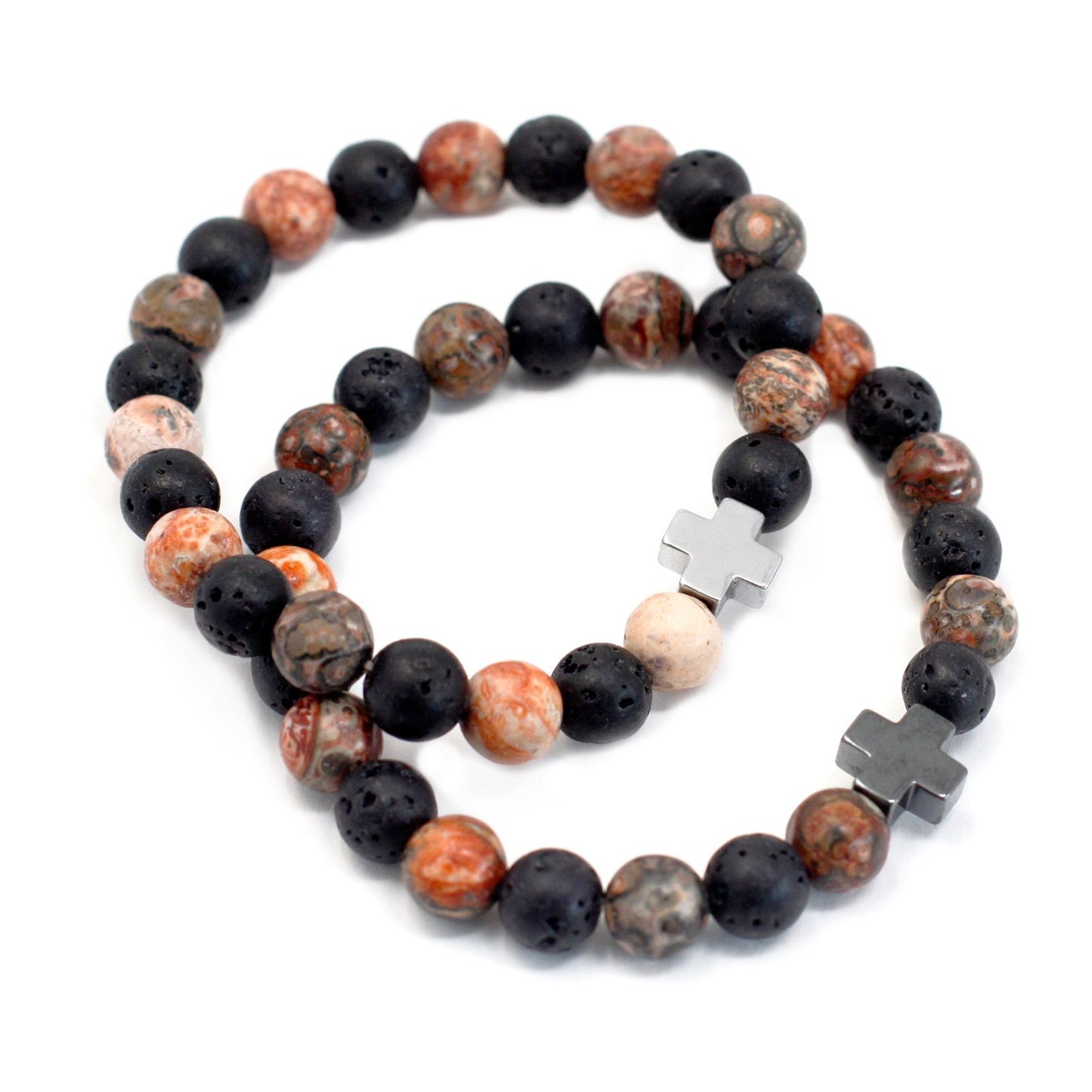 Eternity Gemstone Friendship Bracelet Set (2 Bracelets) – Leopard Skin Jasper & Lava Stone