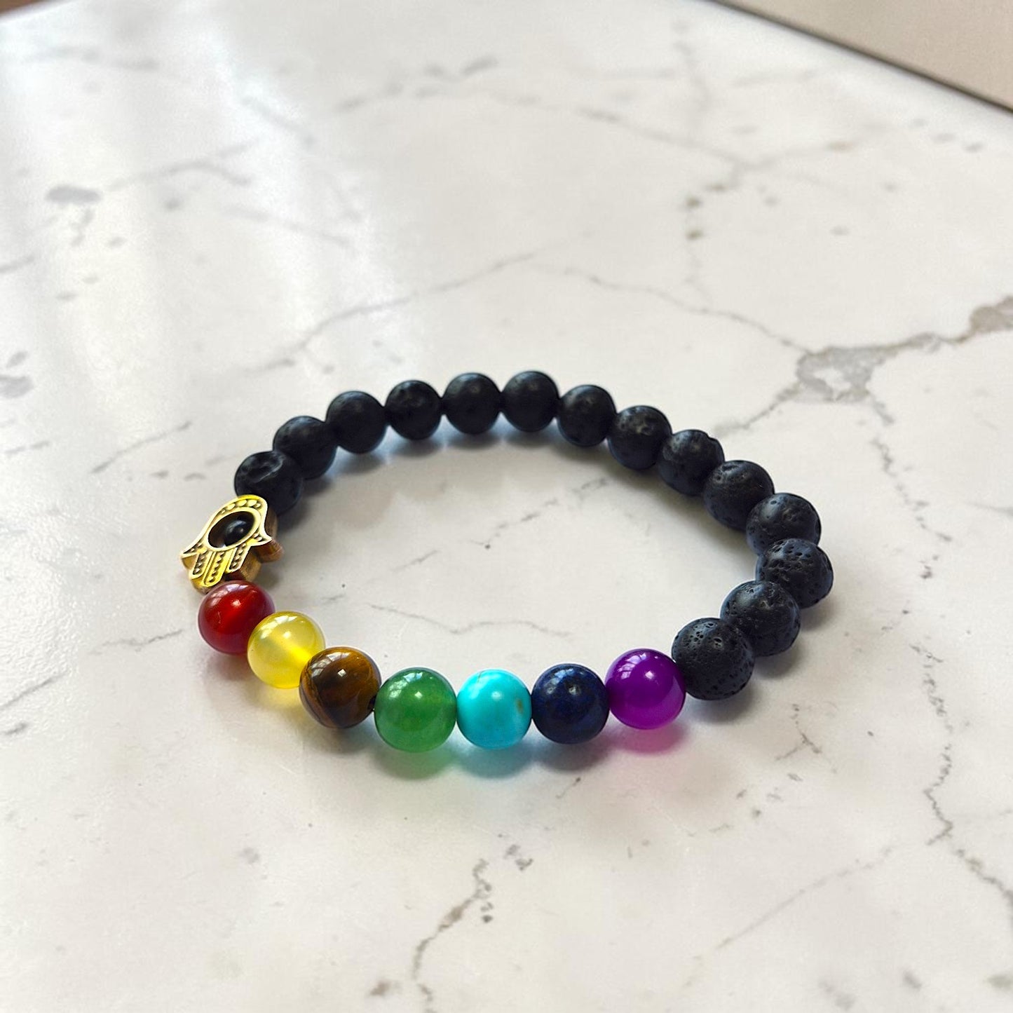 Protection & Balance Bracelet | Lava Stone Chakra Bracelet with Hamsa Charm