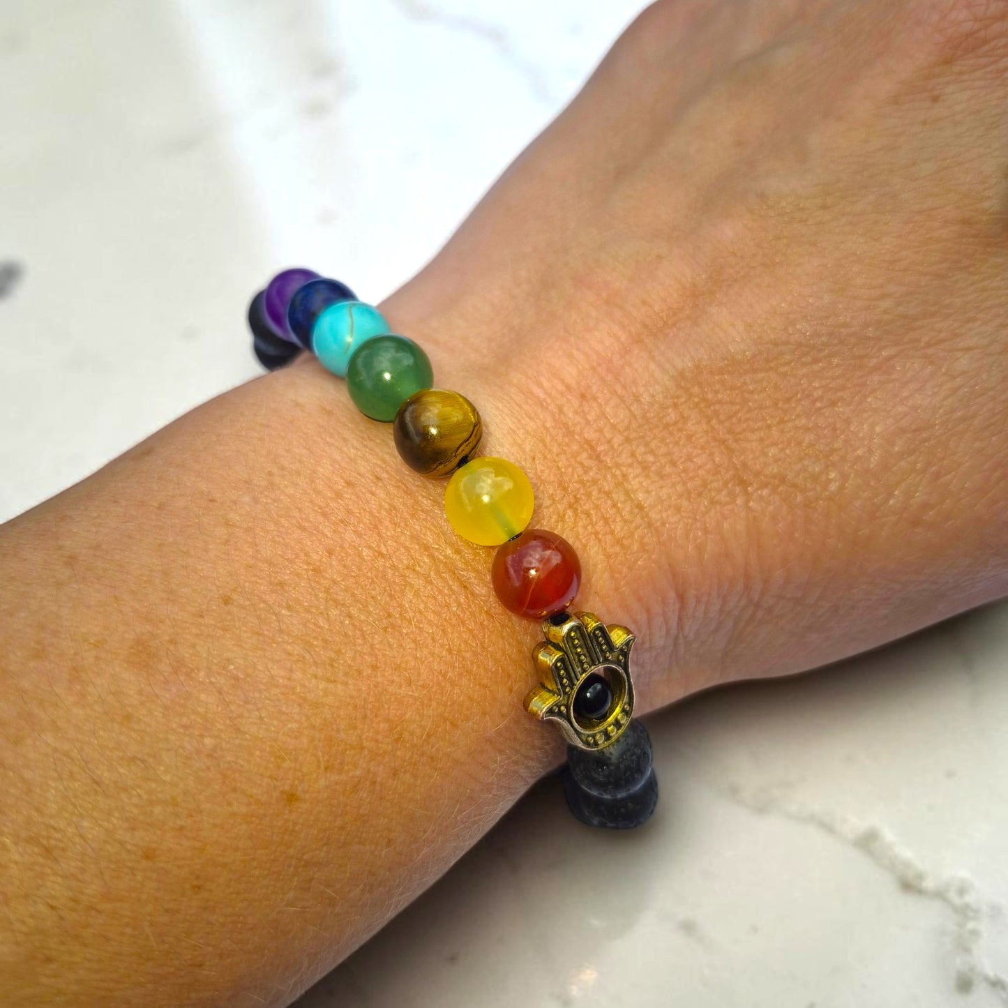 Protection & Balance Bracelet | Lava Stone Chakra Bracelet with Hamsa Charm