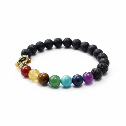 Protection & Balance Bracelet | Lava Stone Chakra Bracelet with Hamsa Charm